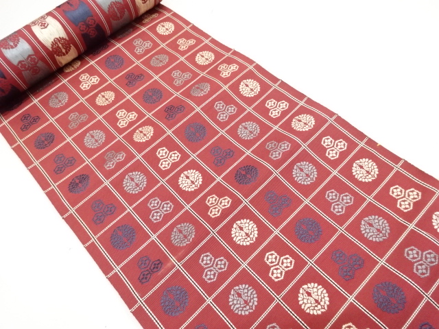 JAPANESE KIMONO / ANTIQUE BOLT FOR NAGOYA OBI / SILK / CHIKUZEN HAKATA / WOVEN GRID